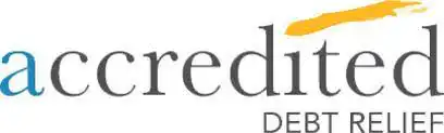 Logo for Accredited Debt Relief. The word accredited is in lowercase letters, with a yellow swoosh over the letter t, and DEBT RELIEF appears in smaller letters below on the right.