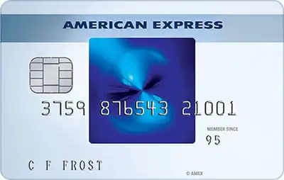 A blue American Express credit card featuring a chip, card number, cardholder name, and “MEMBER SINCE 95.” The background has a blue abstract design in the center.