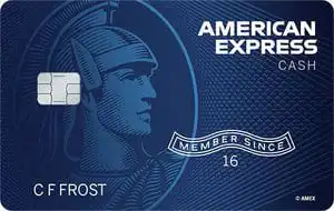 A blue American Express cash credit card featuring the iconic centurion profile, an embedded chip, and the words AMERICAN EXPRESS CASH with MEMBER SINCE 16 and the name C F FROST printed.