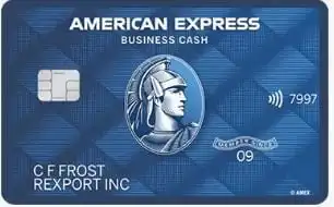 Blue American Express Business Cash credit card featuring an embossed Roman helmet logo in the center, a chip on the left, and card details including cardholder name and company along the bottom.