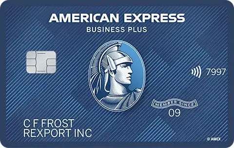 Blue American Express Business Plus credit card with a silver chip, contactless symbol, and a centurion helmet logo in the center. The name C F Frost and REXPORT INC are printed at the bottom left.
