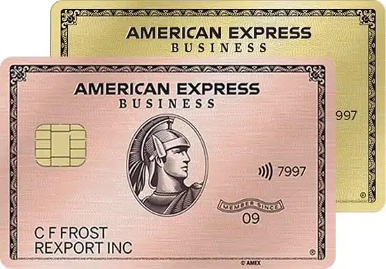Two American Express Business cards, one gold and one rose gold, are shown overlapping. Both display the cardholder name C F Frost, the Amex logo, and a contactless payment symbol.