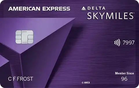 A purple American Express Delta SkyMiles credit card featuring a chip, contactless symbol, and C F Frost as the cardholder. The card also displays Member Since 96 and the Delta logo.