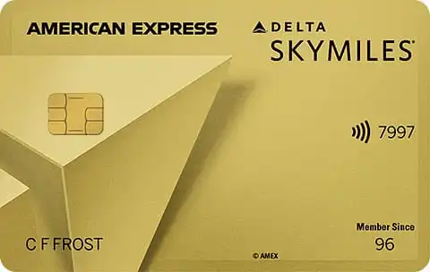 A gold American Express Delta SkyMiles credit card featuring a chip, contactless symbol, card number ending in 7997, and the cardholder name C F Frost. Member Since 96 is printed at the bottom right.
