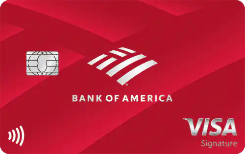 A red Bank of America Visa Signature credit card featuring the bank’s logo, an EMV chip, and a contactless payment symbol. The Visa Signature logo appears in the bottom right corner.