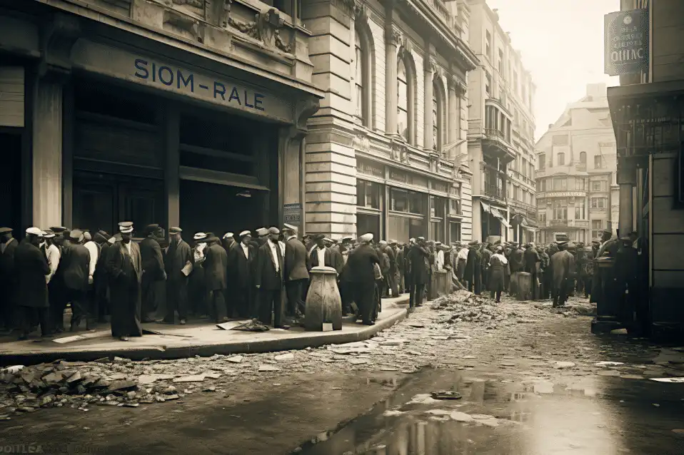 A large crowd of people, mostly men in hats and coats, stands in a long line outside a city building on a wet, debris-strewn street in an early 20th-century urban setting.