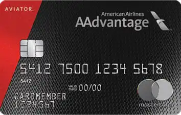 A black and red American Airlines AAdvantage Aviator Mastercard credit card with a chip, card number, cardholder name, and Mastercard logo shown on the front.