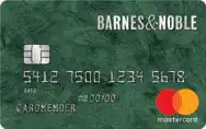 A green Barnes & Noble Mastercard credit card with a chip, card number, cardholder name placeholder, and Mastercard logo in the bottom right corner.