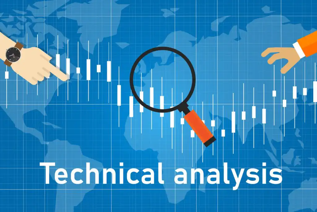 Illustration of candlestick charts over a world map, with a hand pointing, a magnifying glass examining the chart, and the words Technical analysis at the bottom.