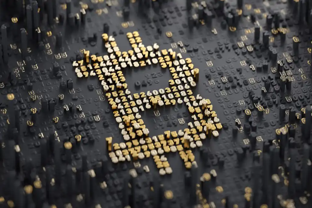A 3D rendering of the Bitcoin symbol made up of small gold and black numbers on a dark surface, with various numbers scattered around, creating a digital, futuristic effect.