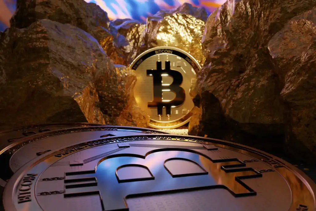 A shiny gold Bitcoin coin is positioned among glittering gold rocks, with another Bitcoin coin partially visible in the foreground. The scene is illuminated by colorful, vibrant lighting.