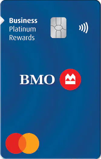 A blue BMO Business Platinum Rewards Mastercard credit card with a chip and contactless symbol, featuring the BMO logo and the Mastercard logo at the bottom left.
