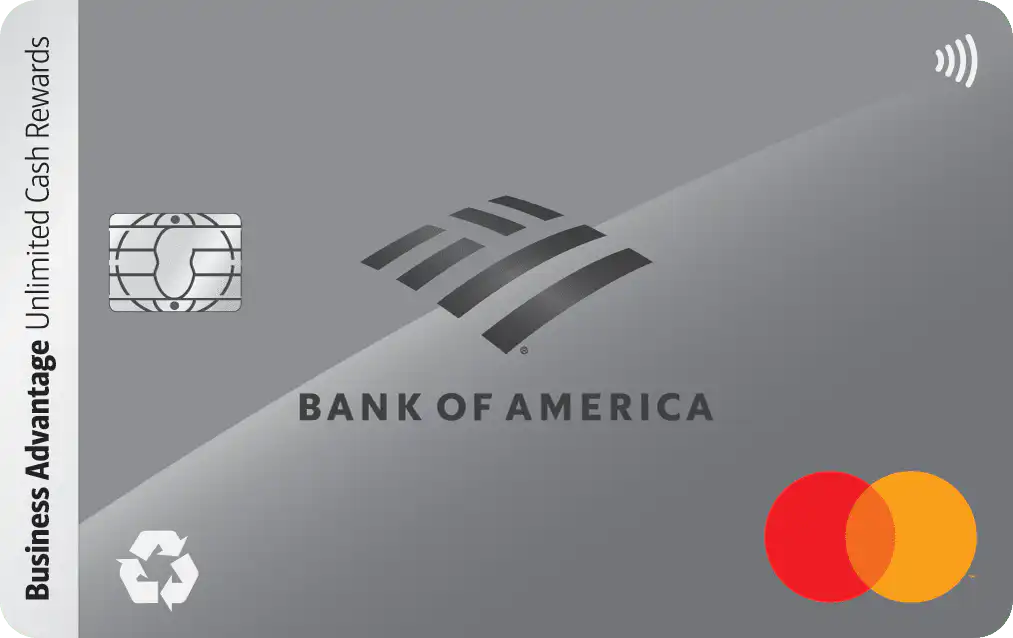 A gray Bank of America credit card labeled Business Advantage Unlimited Cash Rewards with a chip, contactless symbol, and Mastercard logo in the lower right corner.