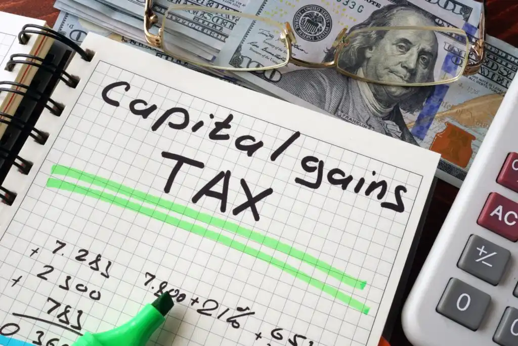 A notebook page with “capital gains TAX” written in marker, a green highlighter, a calculator, eyeglasses, and a stack of 100-dollar bills arranged on a desk.