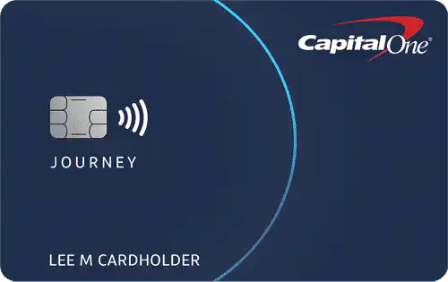 A Capital One Journey credit card with a dark blue background, a chip, contactless symbol, and the cardholder name LEE M CARDHOLDER displayed. The Capital One logo is in the top right corner.