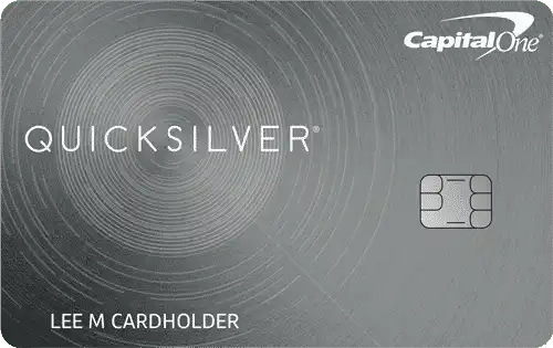 A gray Capital One Quicksilver credit card with a swirling line pattern, an embedded chip, and the name LEE M CARDHOLDER printed at the bottom left.