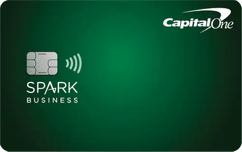 A green background featuring a Capital One logo in the top right corner and a Spark Business credit card graphic with a contactless symbol on the left.