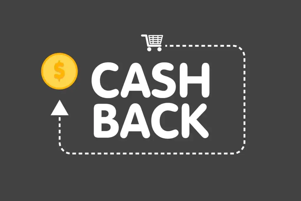 White text CASH BACK is centered on a dark background, with a dotted arrow looping around the text. A yellow coin with a dollar sign and a shopping cart icon are included in the design.