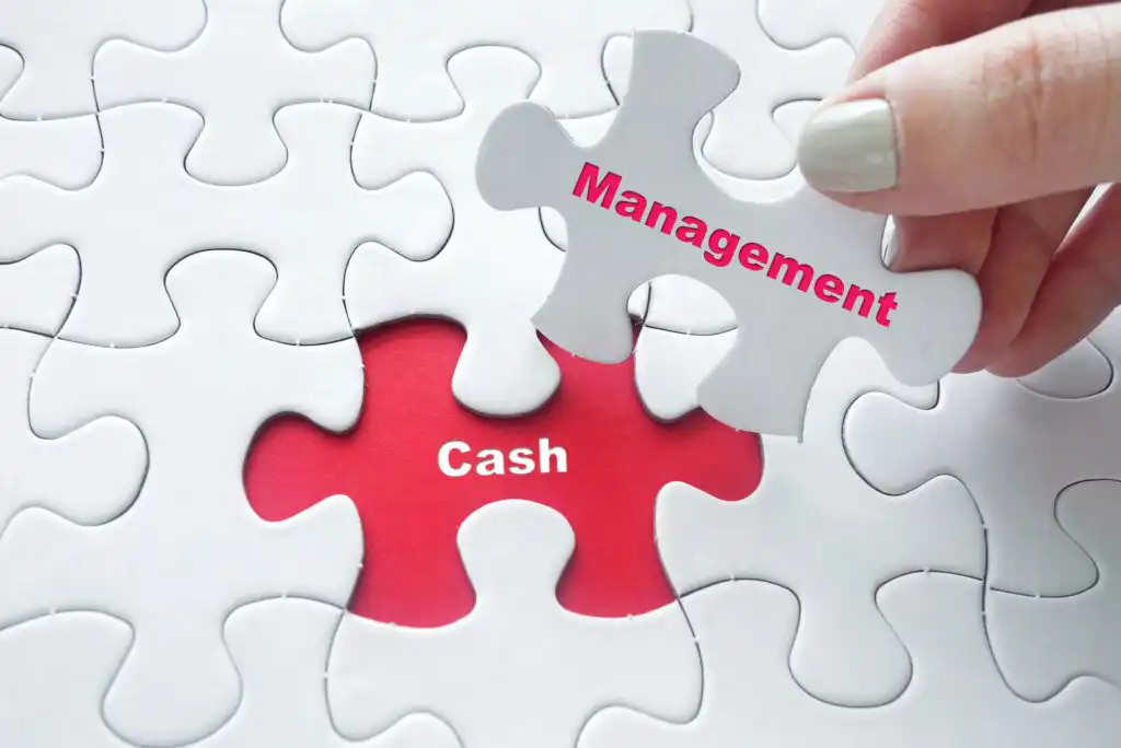 A hand places a puzzle piece labeled “Management” into a puzzle with a missing piece on a red background labeled “Cash,” symbolizing cash management.