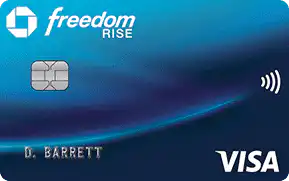 A blue Chase Freedom Rise Visa credit card with a chip, contactless symbol, the name D. Barrett, and the Chase and Visa logos.