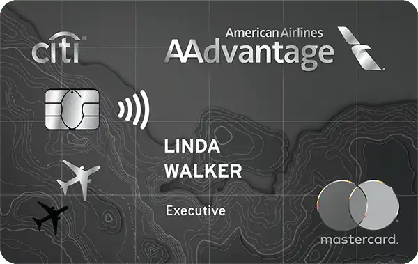 A Citi AAdvantage Executive Mastercard credit card featuring a silver chip, contactless symbol, airplane icons, and the name Linda Walker on a gray topographic map background.