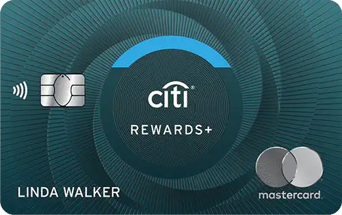 Citi Rewards+ Mastercard credit card featuring a circular teal pattern, a chip, contactless symbol, Mastercard logo, and the cardholder name LINDA WALKER printed at the bottom left.