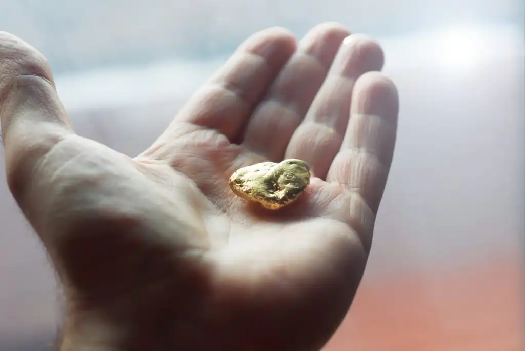 A close-up of a persons open hand holding a small, irregularly-shaped gold nugget, with a soft, blurred background.