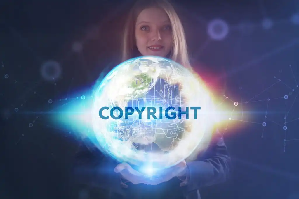 A woman holding a glowing digital globe with the word COPYRIGHT across it, symbolizing global copyright protection, on a dark blue, technology-themed background.