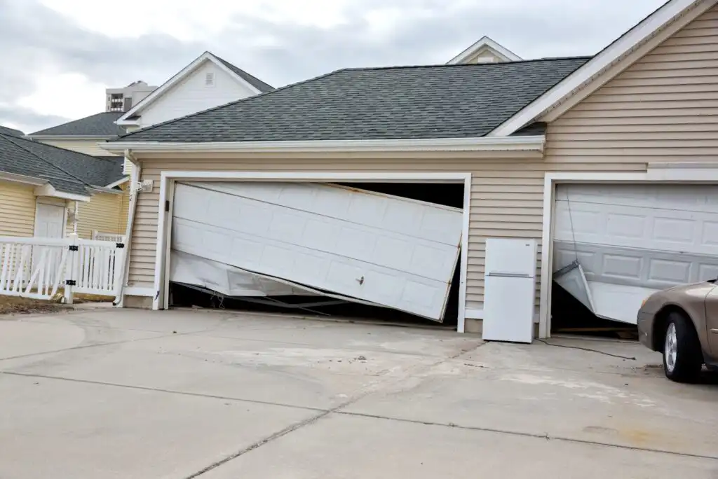 A beige house with two garage doors; both doors are severely damaged and bent inward. A refrigerator stands near one garage, and a brown car is parked partially in view on the driveway. The sky is cloudy.