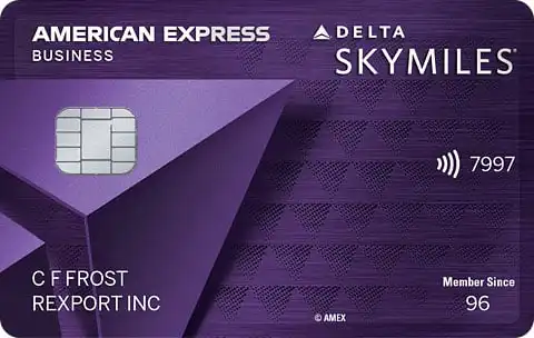 A purple American Express Delta SkyMiles Business credit card with a chip, contactless symbol, card number ending in 7997, and cardholder name C F Frost, Rexport Inc. Member Since 96.