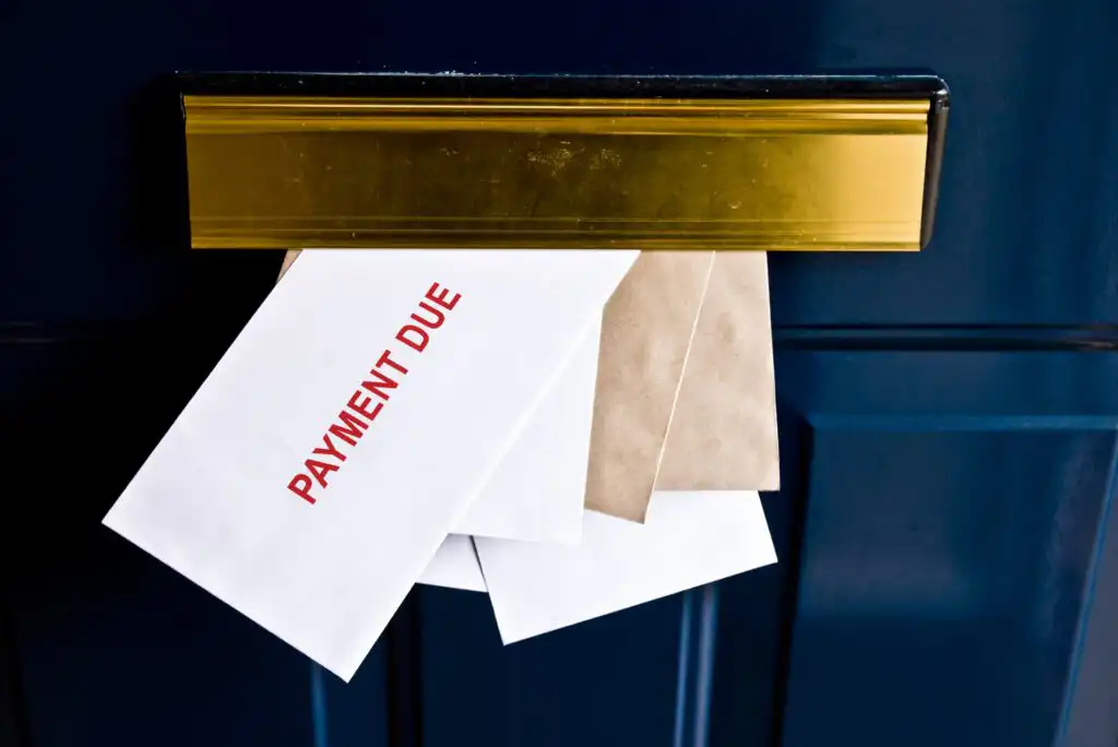 Several envelopes, including one labeled PAYMENT DUE in red letters, are sticking out of a gold mail slot on a dark blue door.