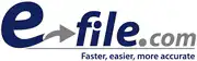 The e-file.com logo features a large blue e with an arrow pointing right, followed by the word file.com in grey. Below is the tagline: Faster, easier, more accurate in blue text.