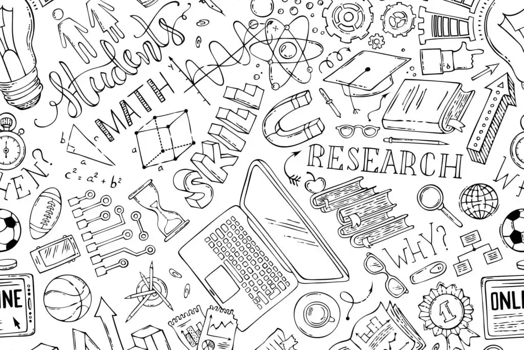 Black and white doodle collage of educational items including a laptop, books, graduation cap, light bulb, math symbols, microscope, and words like students, skill, and research.