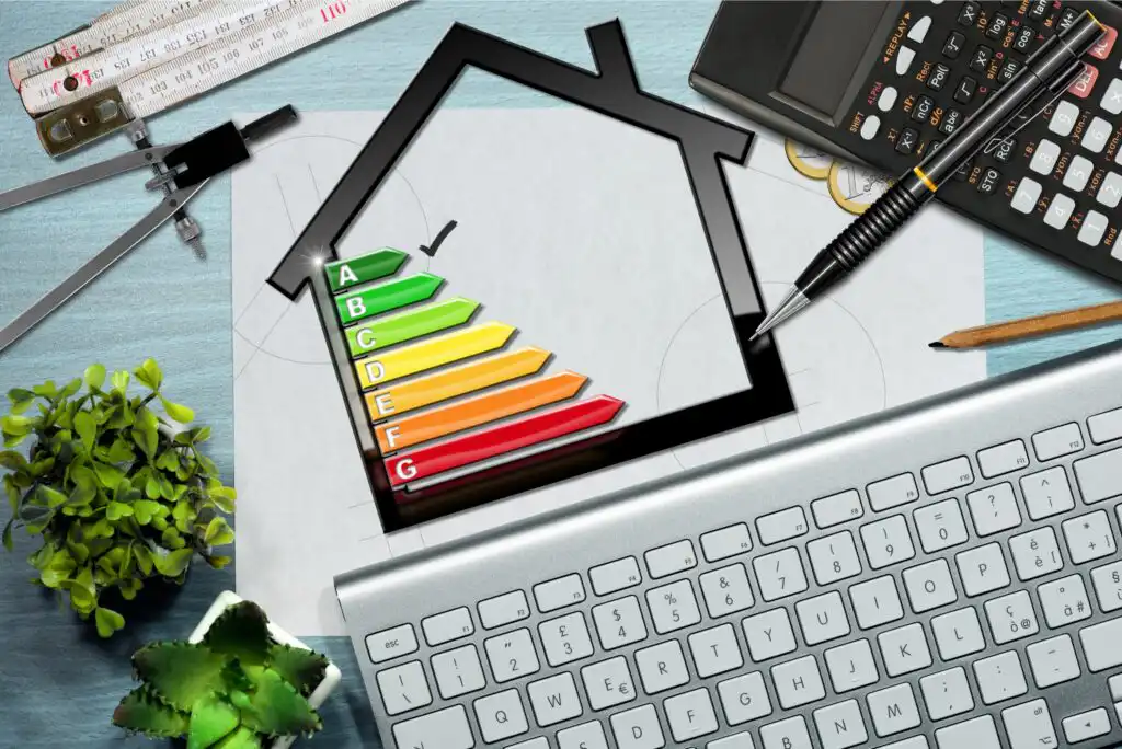 A computer keyboard, office supplies, calculator, and two small plants surround a paper with a house outline and colored energy efficiency rating bars labeled A to G, with a checkmark on the A bar.