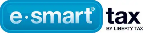 Logo for eSmart Tax by Liberty Tax. The e•smart text is in white on a blue rounded rectangle, and tax BY LIBERTY TAX is in dark blue to the right.