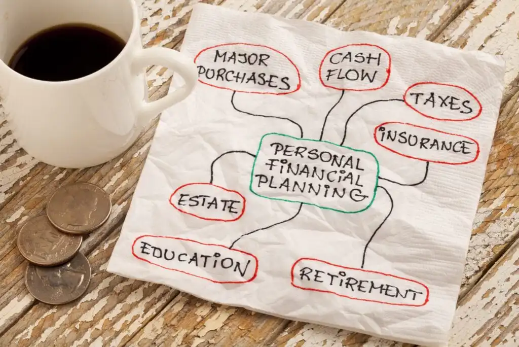 A napkin with a diagram for personal financial planning, including terms like cash flow, taxes, insurance, retirement, education, estate, and major purchases. A cup of coffee and coins sit nearby on a wooden table.