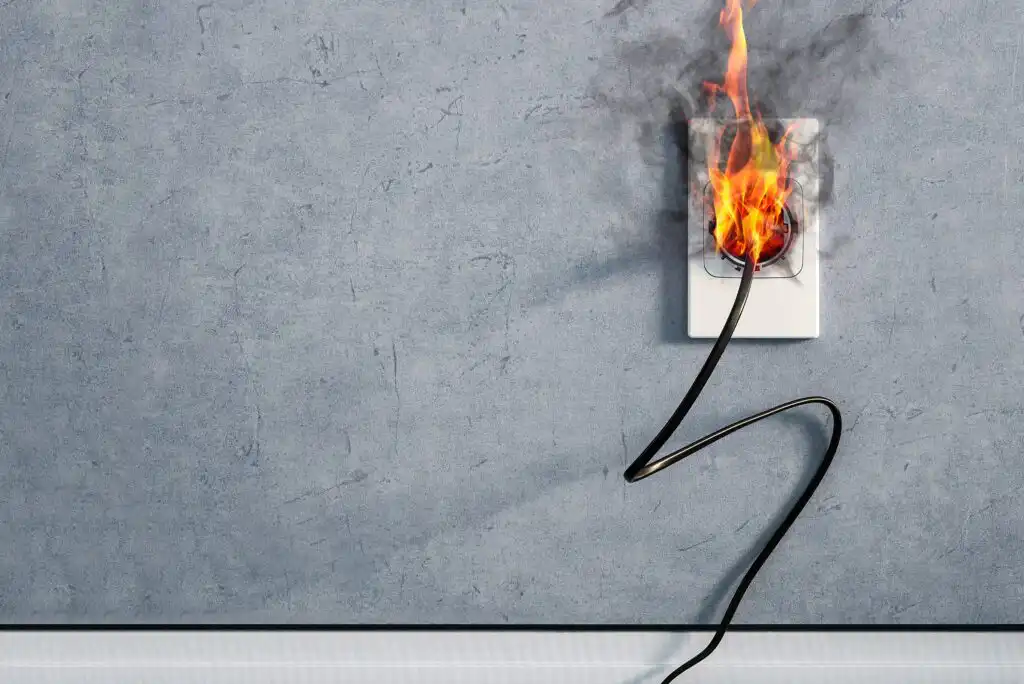A wall electrical outlet with a plugged-in cord is on fire, with visible flames and smoke rising against a gray textured wall above a white baseboard.