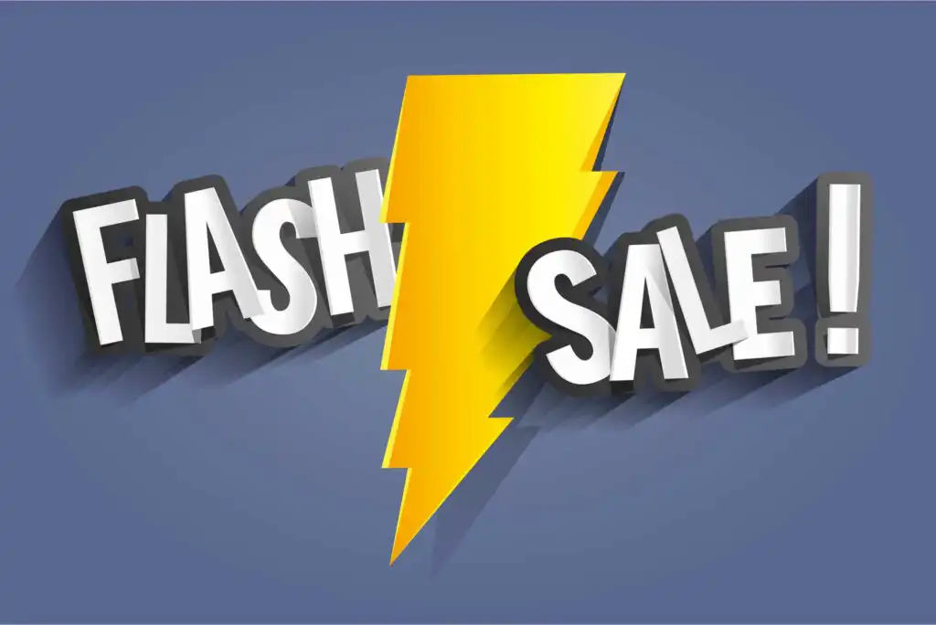 Text saying Flash Sale! is split by a large yellow lightning bolt on a blue background. The text is bold, white, and has a 3D shadow effect.
