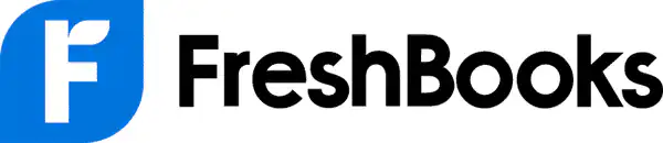 FreshBooks logo featuring a bold white F inside a blue rounded square, followed by the word FreshBooks in black, modern font.