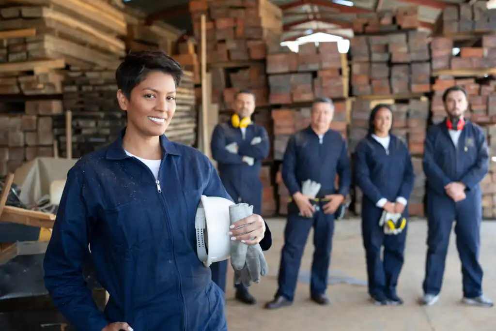 A woman in a work jumpsuit, holding gloves and a hard hat, stands smiling in a lumber warehouse. Four coworkers in similar gear stand in the background, with stacked wood behind them.