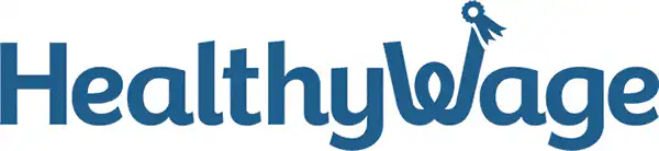 HealthyWage logo in blue text, with a stylized letter g resembling an arm holding up a ribbon or award.