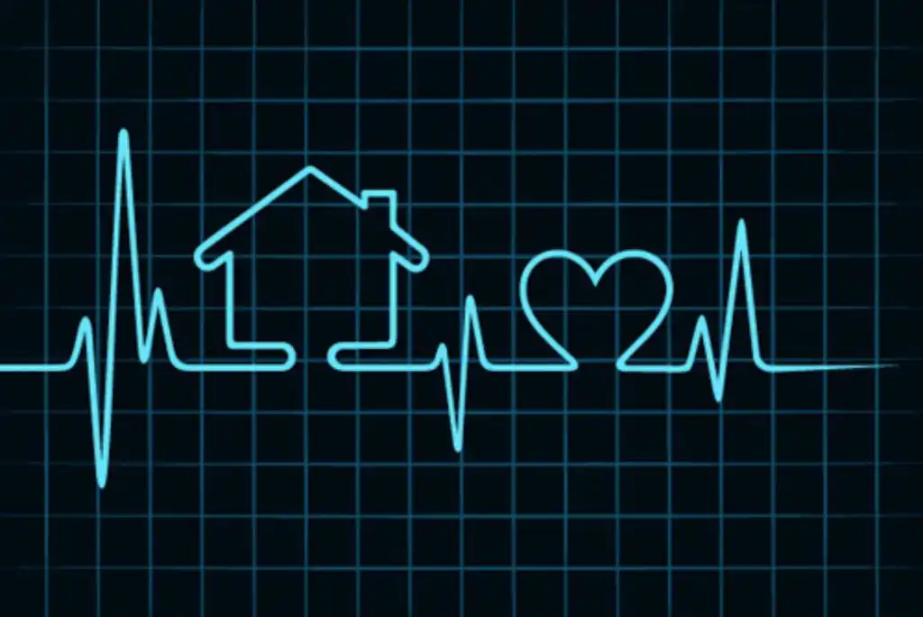 A blue electrocardiogram line forms the shapes of a house and a heart on a black grid background, symbolizing health, home, and love.