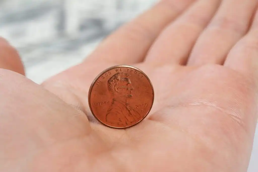A close-up of a persons open hand holding a 2009 U.S. penny featuring Abraham Lincoln.