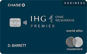 A dark blue Chase IHG One Rewards Premier Business Mastercard credit card featuring a chip, contactless symbol, and the cardholder name D. Barrett.