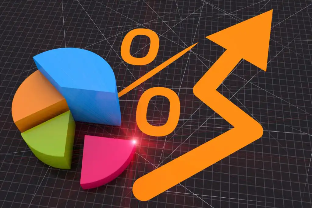 A colorful 3D pie chart with four segments and a glowing red point, overlaid by large orange percentage and upward arrow symbols on a dark grid background, suggesting growth or increase in data.