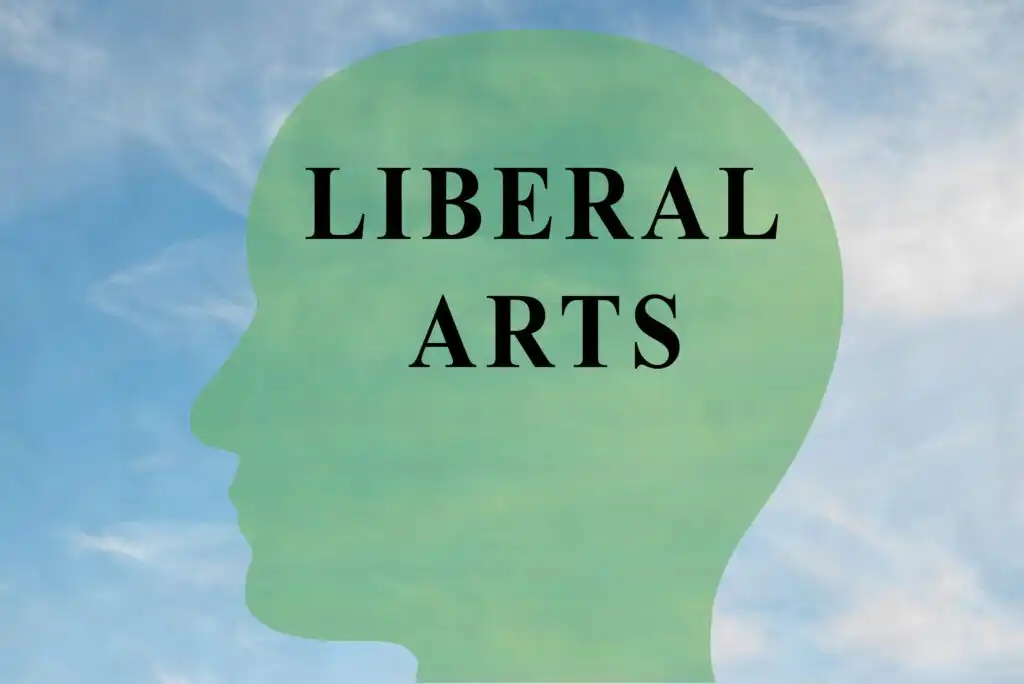 A green silhouette of a human head with the words LIBERAL ARTS inside, set against a blue sky with light clouds.