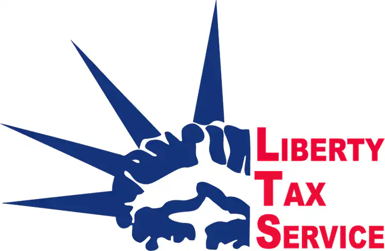 Blue silhouette of the Statue of Liberty’s crown on the left, with the words Liberty Tax Service stacked vertically in red capital letters on the right; initials LTS are highlighted.
