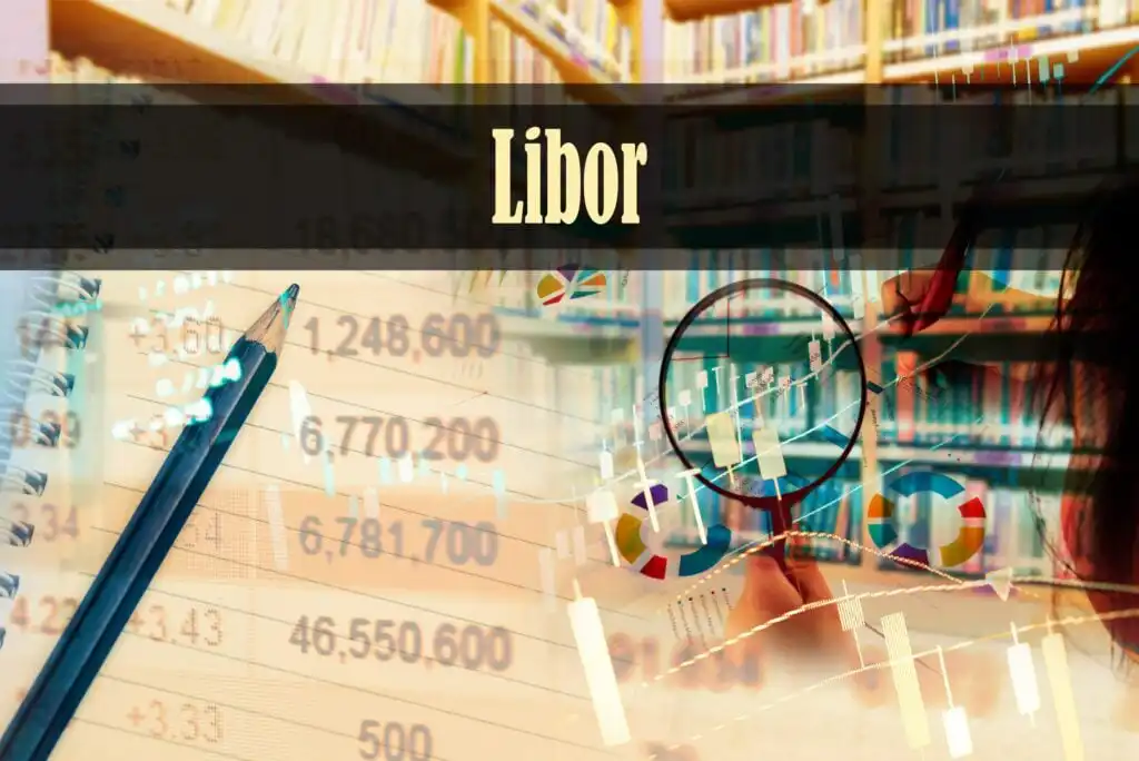 A composite image showing the word Libor, a pen, financial figures, bar charts, and a magnifying glass overlay, with blurred bookshelves in the background, symbolizing financial analysis and research.