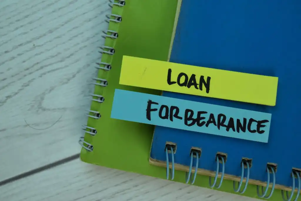 Two spiral notebooks, one green and one blue, are stacked on a light wooden surface. On top are strips of paper labeled LOAN (yellow) and FORBEARANCE (blue) in black marker.