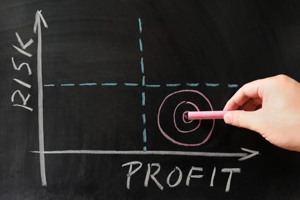 A hand draws a pink bullseye target on a blackboard graph, with RISK labeled on the vertical axis and PROFIT on the horizontal axis, illustrating risk versus profit analysis.
